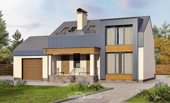150-015-П Проект двухэтажного дома мансардой и гаражом, бюджетный загородный дом из газобетона Ковдор | Проекты домов от House Expert