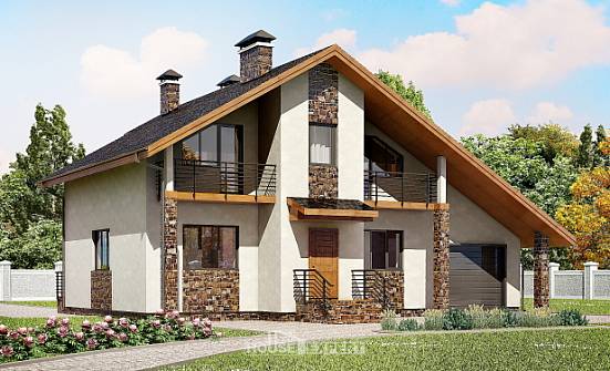 180-008-П Проект двухэтажного дома с мансардным этажом, гараж, уютный домик из газобетона Оленегорск | Проекты домов от House Expert