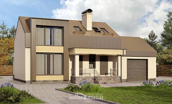 150-015-Л Проект двухэтажного дома мансардой, гараж, скромный загородный дом из арболита Мончегорск | Проекты домов от House Expert