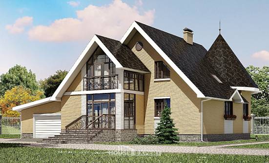 250-001-Л Проект двухэтажного дома с мансардным этажом и гаражом, просторный коттедж из блока, Оленегорск